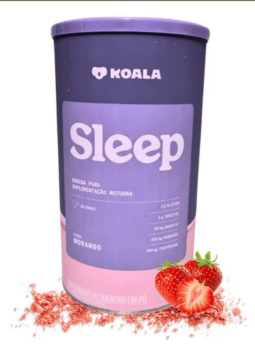Embalagem cilíndrica roxa e rosa do suplemento KOALA Sleep sabor morango com morangos e pó na base