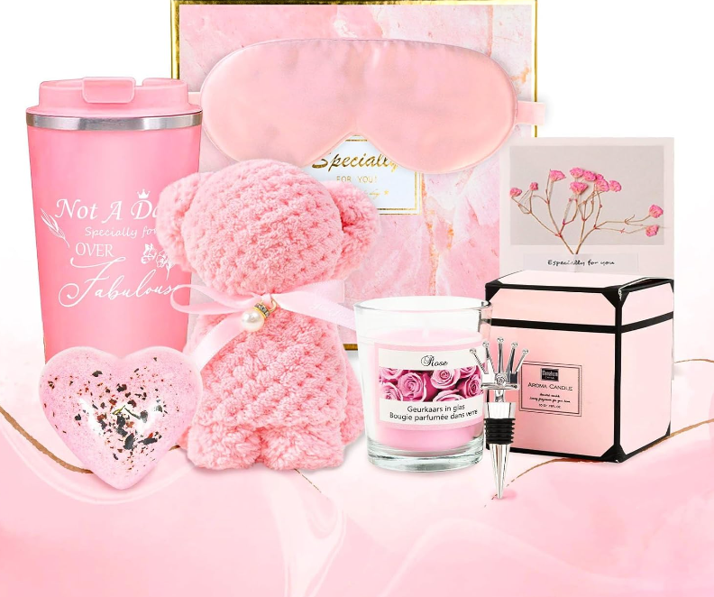 Conjunto de presentes rosa com caneca, máscara de dormir, ursinho de tecido, vela aromática, difusor e caixa de presente