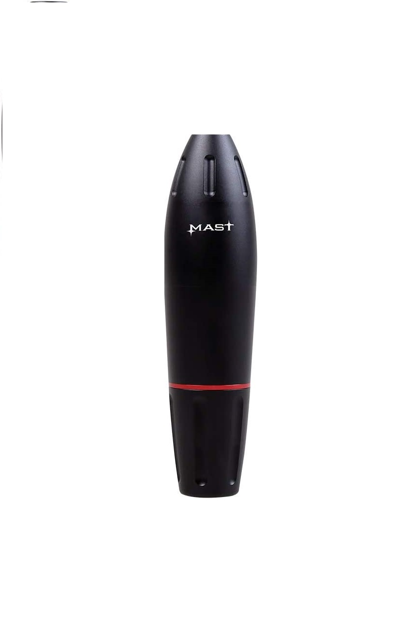 Produto cilíndrico preto com texto MAST e linha vermelha