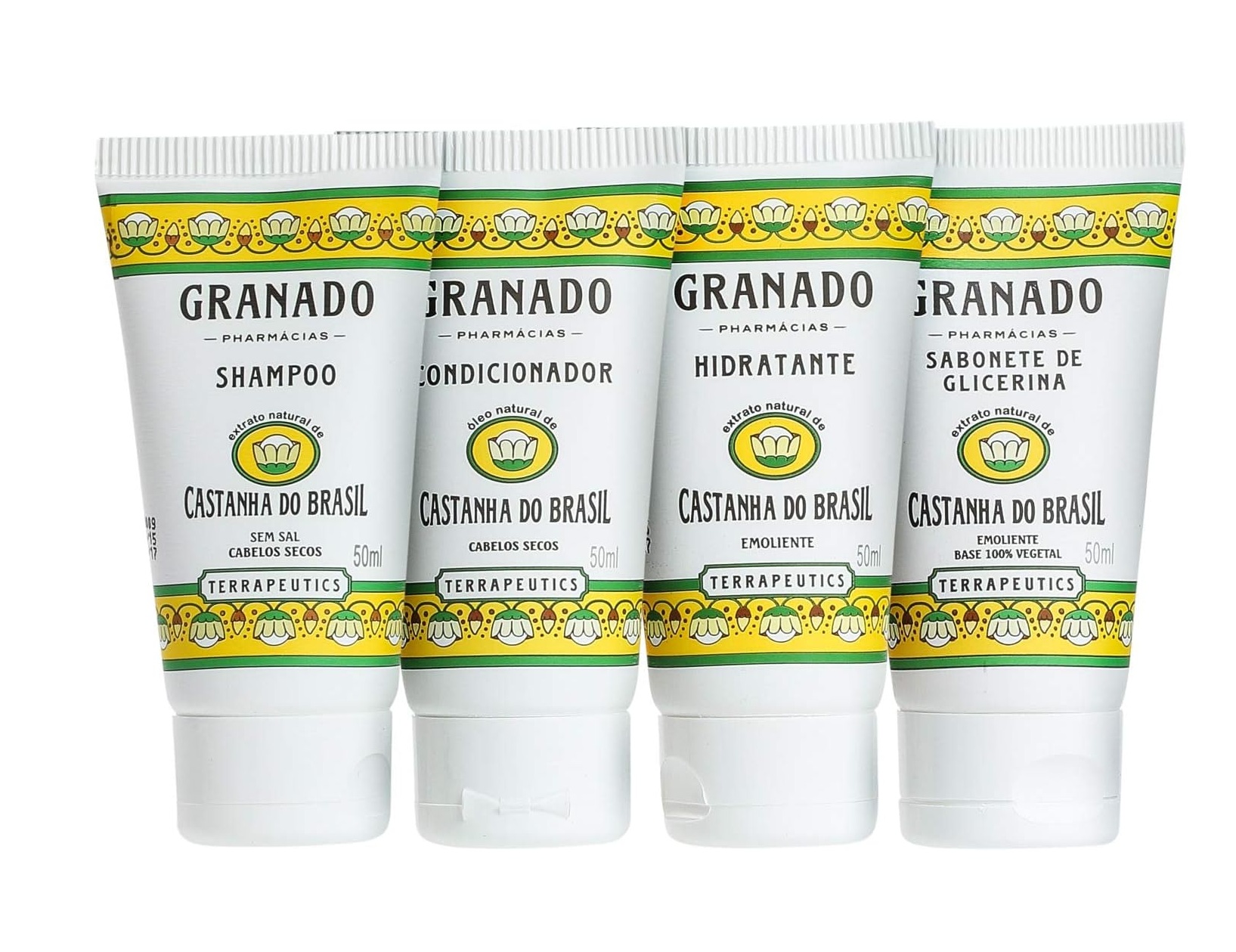 Conjunto de quatro tubos de produtos de cuidado pessoal Granado com embalagem branca e etiqueta decorativa amarela e verde.