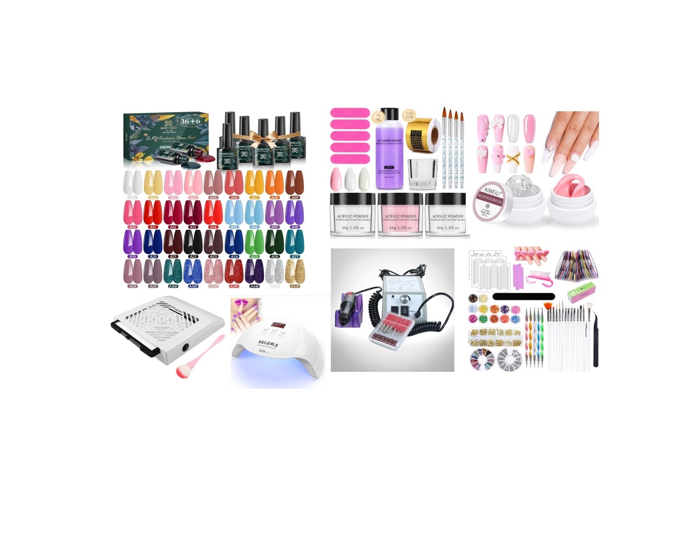 Kit completo para unhas com vernizes coloridos, acessórios e equipamentos de manicure