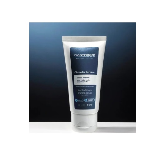 Bisnaga de creme clareador dérmico com rótulo azul escuro