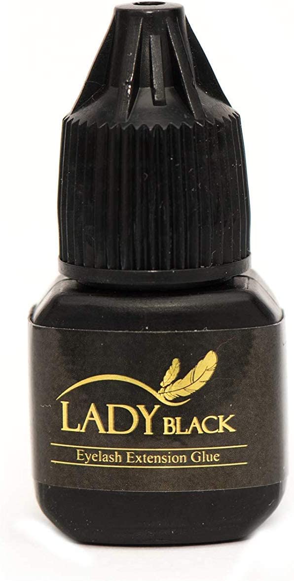 Frasco preto pequeno com tampa preta e rótulo LADY BLACK cola para extensão de pestanas
