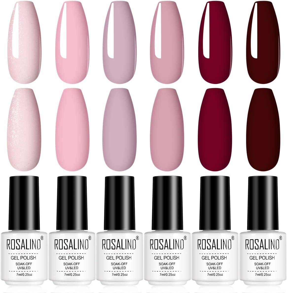 Seis frascos de verniz gel Rosalind com amostras de cor em tons rosa, vinho e castanho escuro