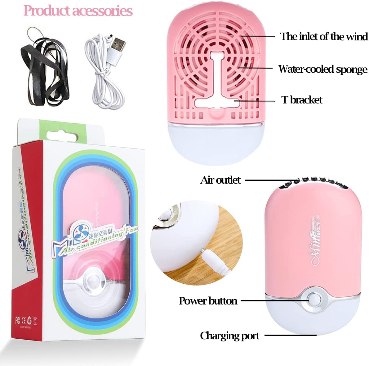 Ventoinha portátil rosa e branca com acessórios e caixa