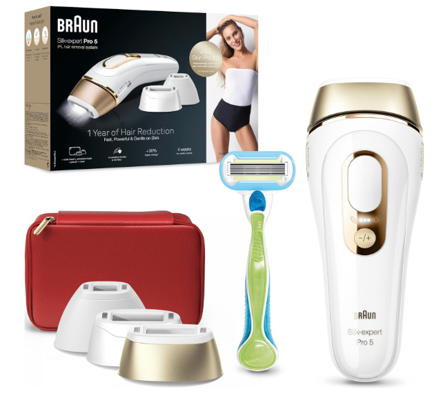 Aparelho de depilação branco com dourado Braun Silk-expert Pro 5 com acessórios e caixa