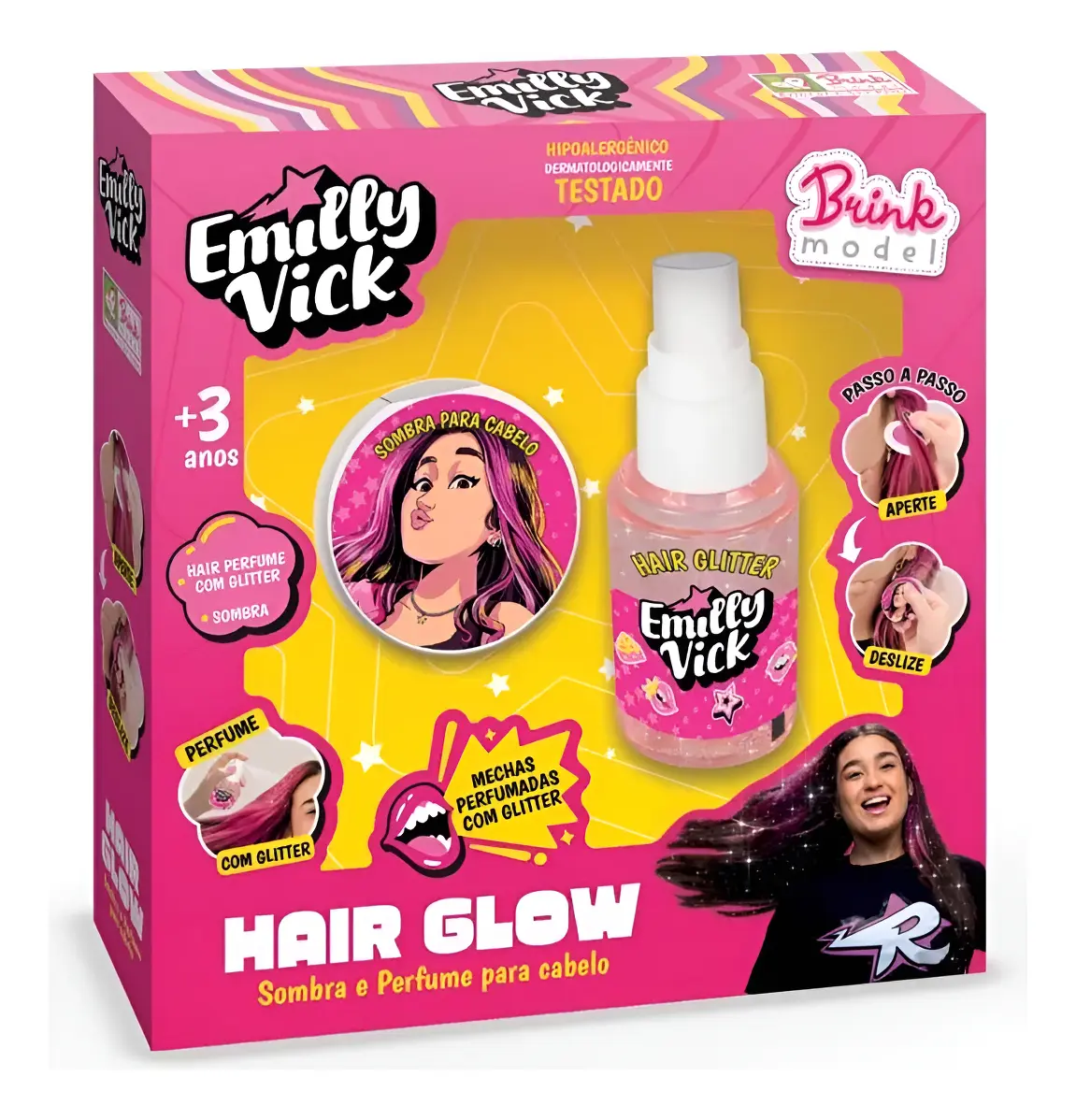 Caixa rosa e amarela com sombra para cabelo em embalagem redonda e frasco de perfume para cabelo, com textos e imagens passo a passo.