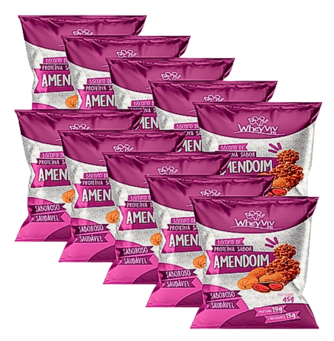 Pacotes roxos e brancos de snack sabor amendoim