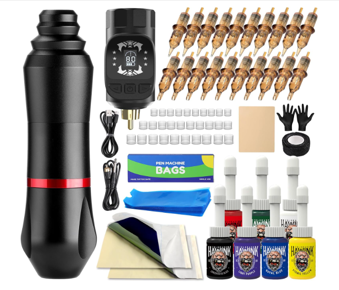Conjunto de equipamento para tatuagem com máquina rotativa preta, cartuchos de agulhas, tintas coloridas e acessórios diversos