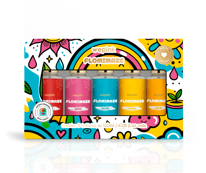 Pack colorido de 5 colónias wepink FLOMMAZE com frascos em várias cores e embalagem decorada com flores