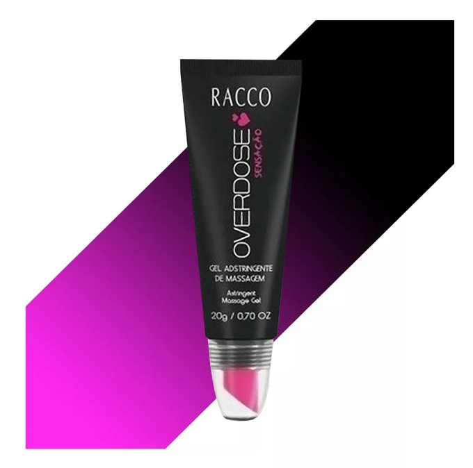 Tubo preto de gel adstringente de massagem com texto RACCO e OVERDOSE SEDUÇÃO
