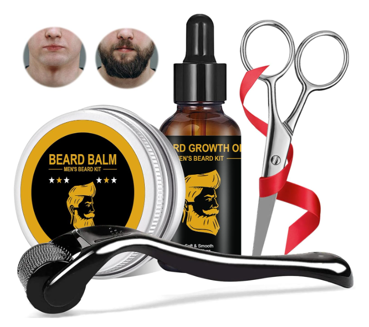 Kit para barba masculino com bálsamo, óleo, tesoura e rolo de microagulhas.