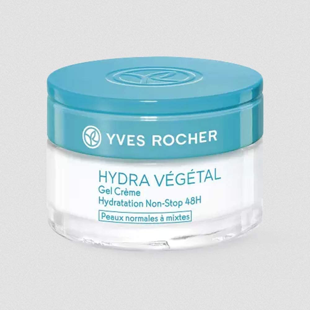 Frasco do gel creme Hydra Végétal da Yves Rocher com tampa azul