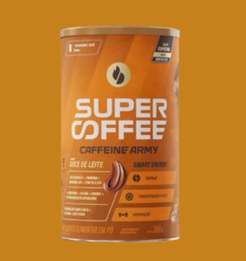 Lata laranja de café em pó SUPER COFFEE com texto branco e castanho