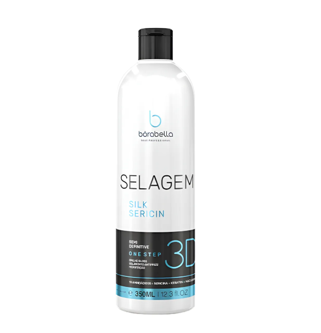 Frasco branco com tampa preta do produto SELAGEM SILK SERICIN 3D da bárabella