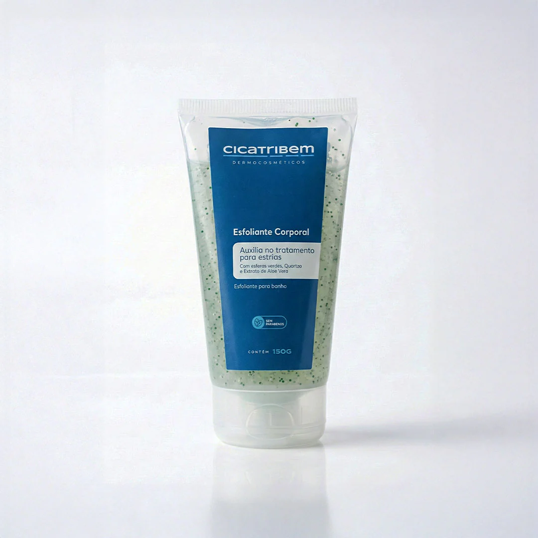 Esfoliante Corporal Cicatribem em tubo plástico transparent com esferas verdes