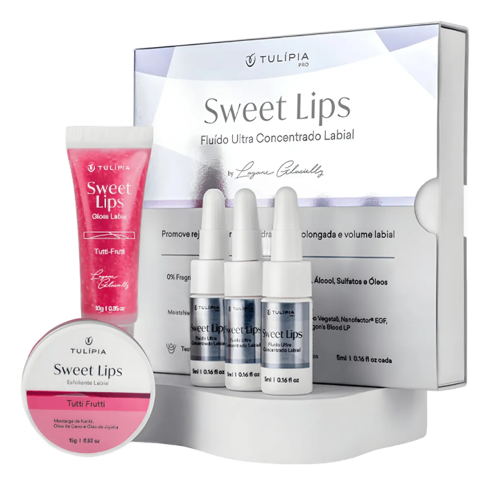 Conjunto de produtos Sweet Lips da Tulípia Pro com embalagem branca, gloss rosa Tutti Frutti, esfoliante labial e três frascos de soro.