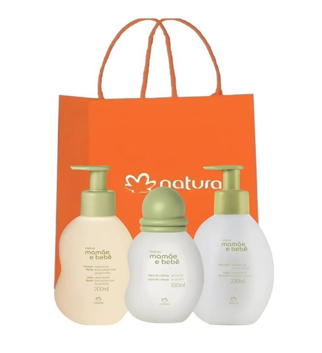 Conjunto de produtos Natura mamãe e bebê com embalagem laranja