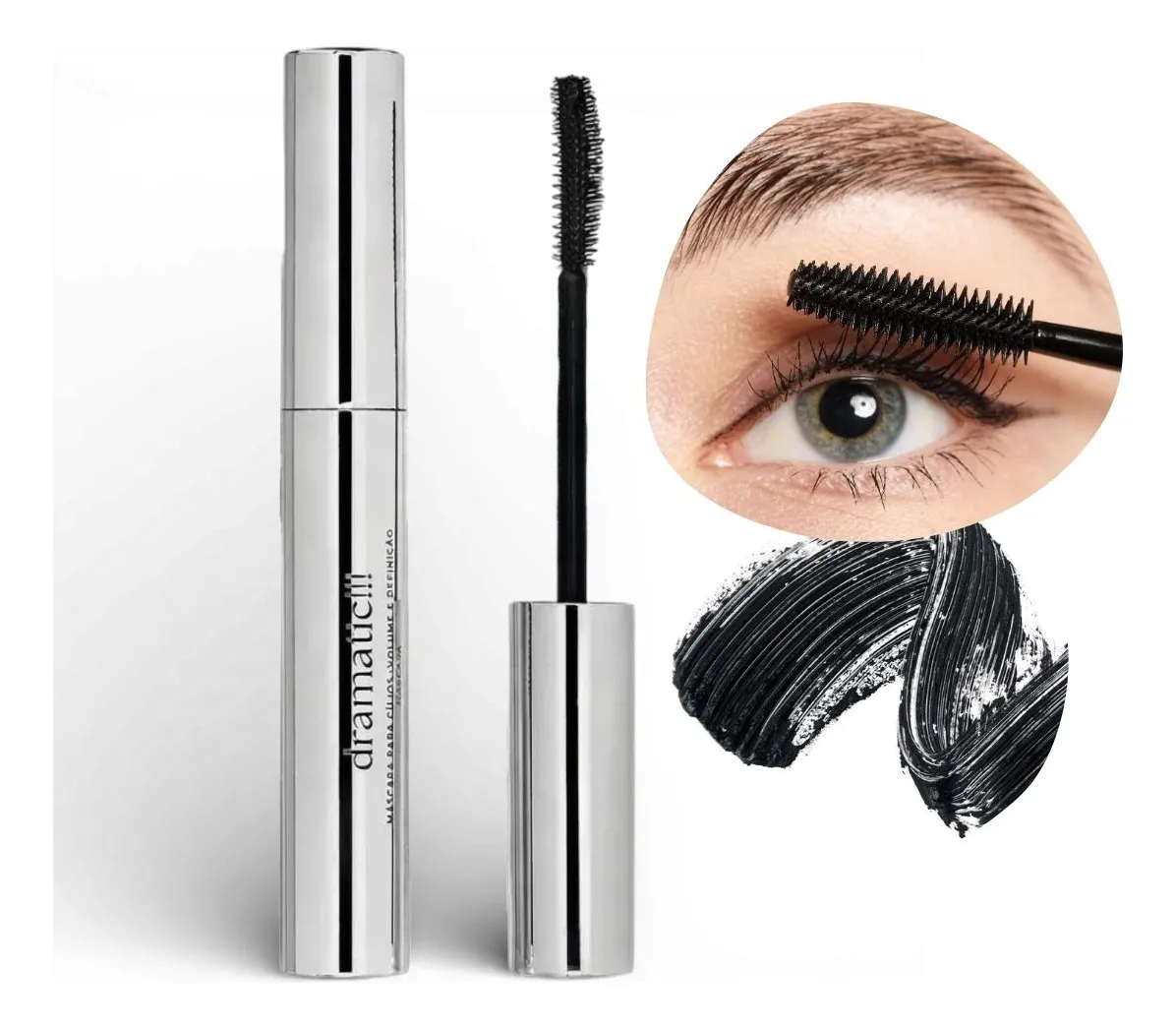 Máscara de pestanas prateada com pincel e manchas de rímel preto junto ao olho