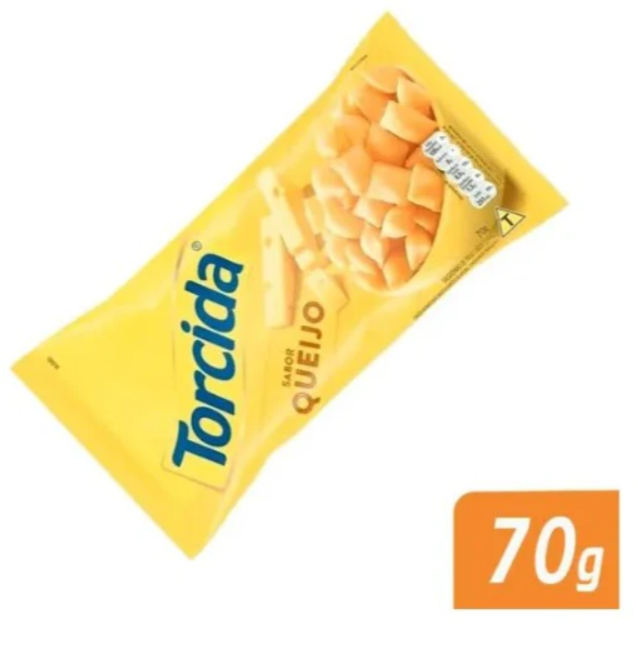 Embalagem amarela de snacks sabor queijo Torcida 70g