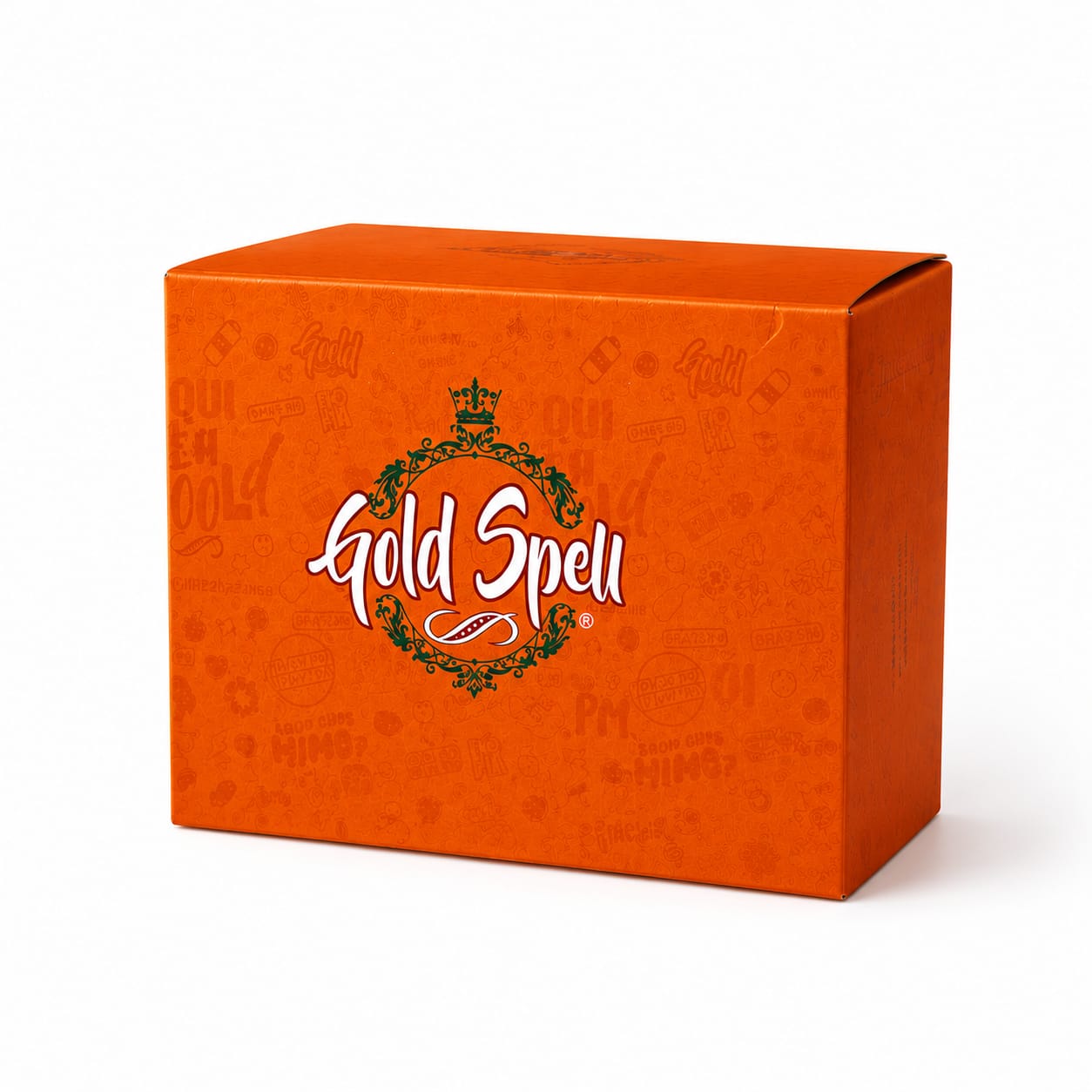 Caixa laranja com logotipo Gold Spell