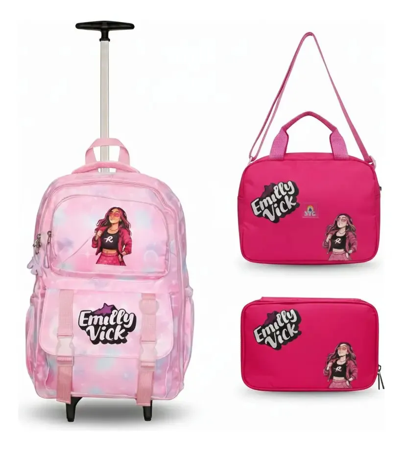Conjunto de mochila e bolsas rosa com imagem de personagem e texto Emily Vick