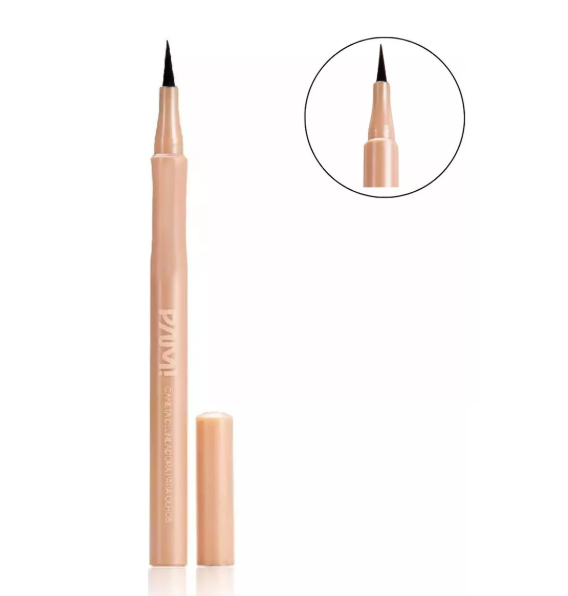 delineador líquido em caneta bege com pincel preto e tampa removida