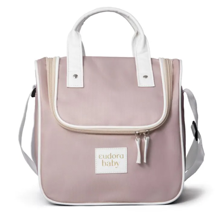 Mala cor-de-rosa com alças brancas e texto 'eudora baby'