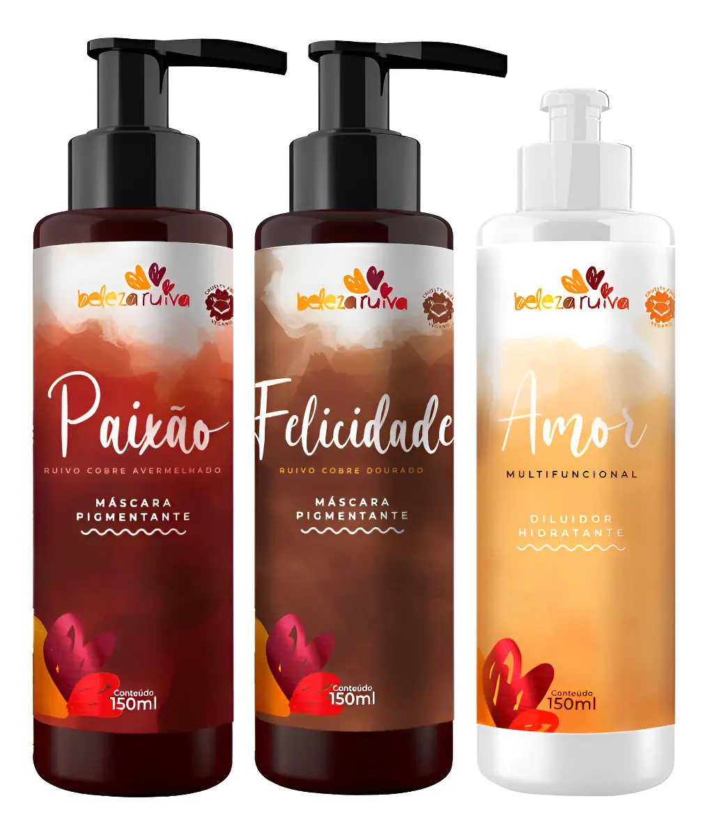 Três frascos de cosméticos Beleza Ruiva com dispensadores, rótulos em tons de vermelho, castanho e amarelo, nomes Paixão, Felicidade, e Amor.