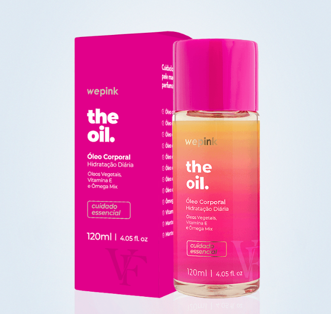 Óleo corporal wepink the oil, embalagem rosa e frasco translúcido com tampa rosa