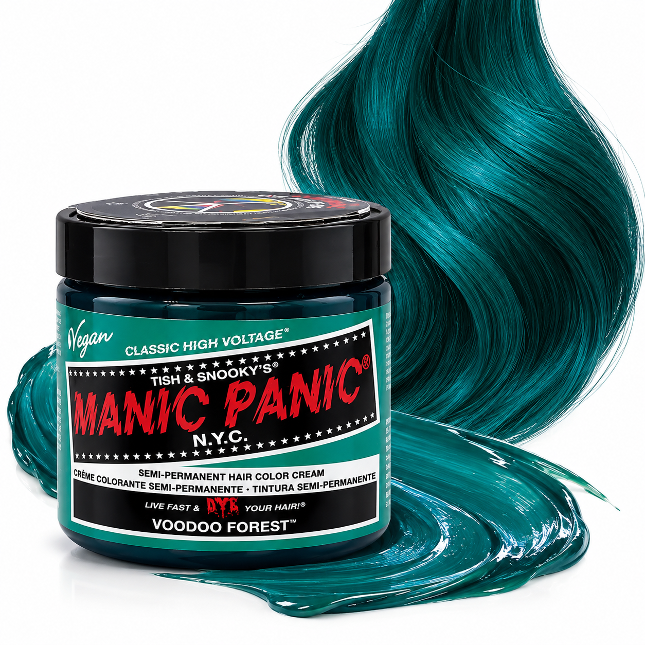 Creme colorante semi-permanente Manic Panic Voodoo Forest com mecha de cabelo verde-azulada
