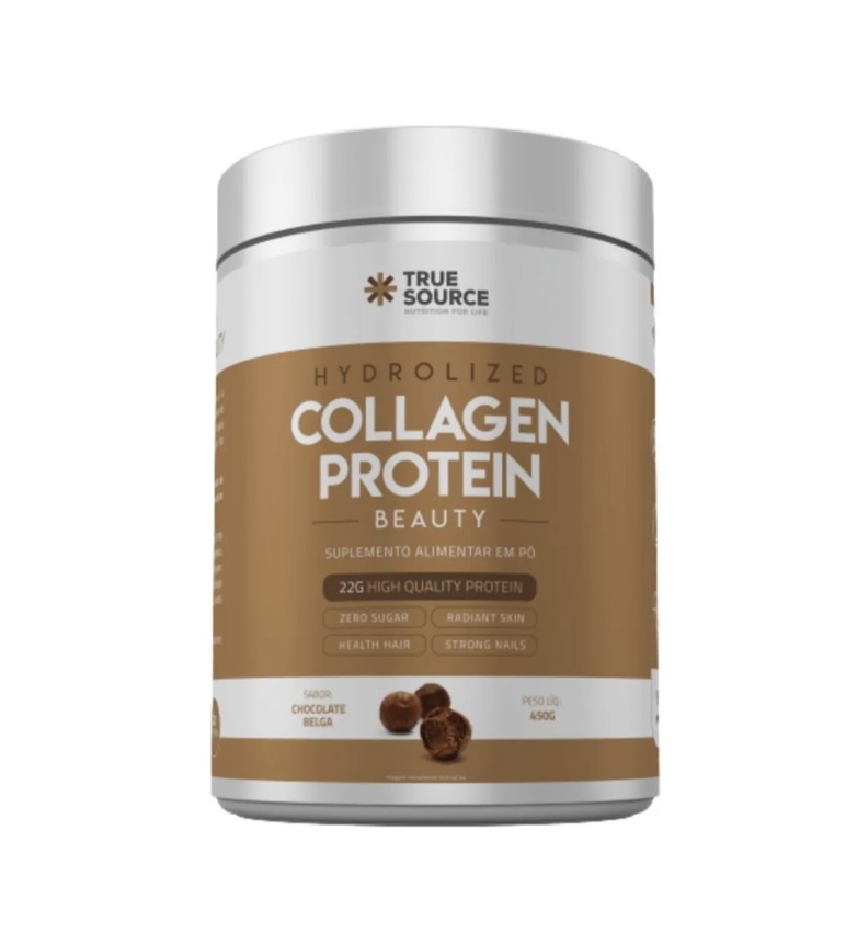 Frasco branco com suplemento em pó de colagénio sabor chocolate belga