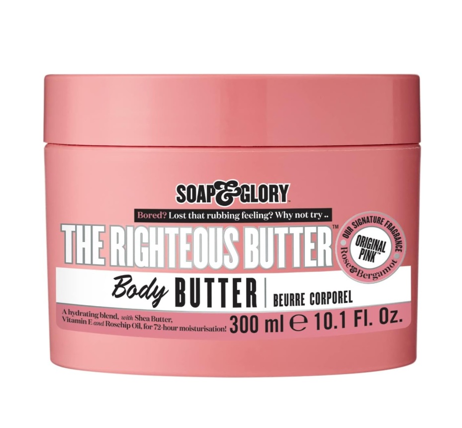 Frasco rosa de creme hidratante corporal SOAP & GLORY THE RIGHTEOUS BUTTER