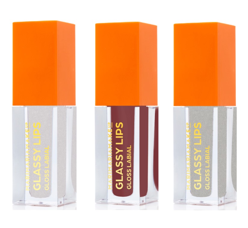 Frascos de gloss labial Glassy Lips com tampa laranja e rótulo dourado