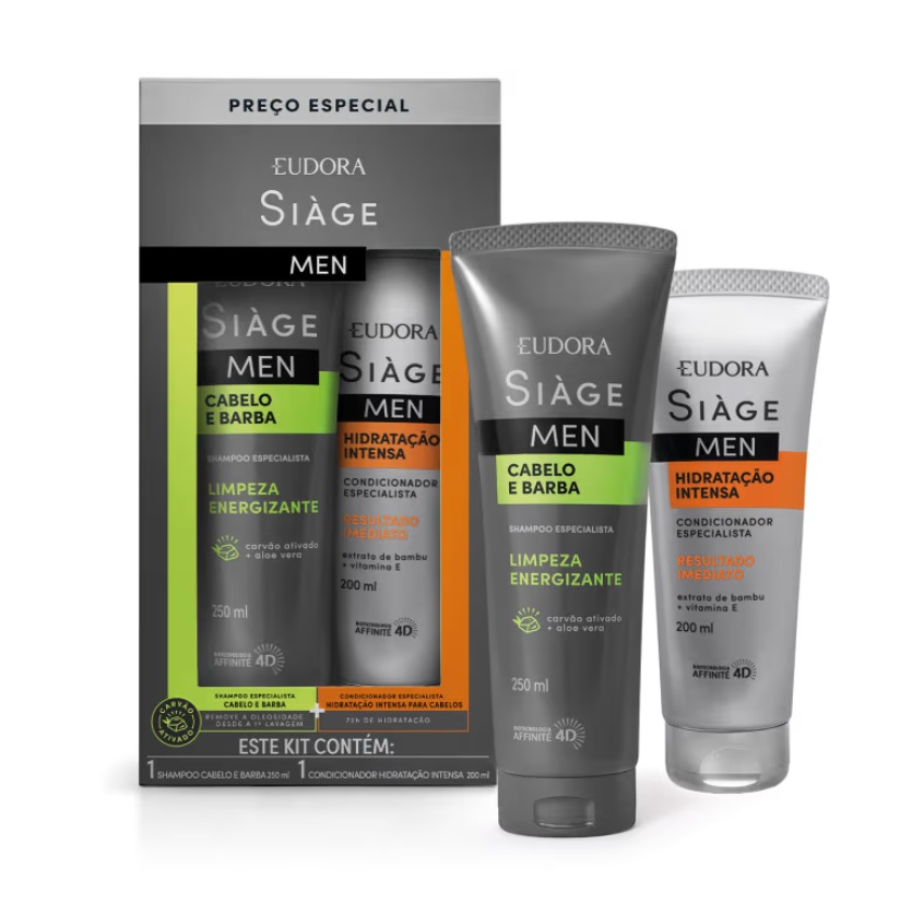 Kit de shampoo e condicionador Eudora Siàge Men para cabelo e barba com embalagem cinza, verde e laranja.