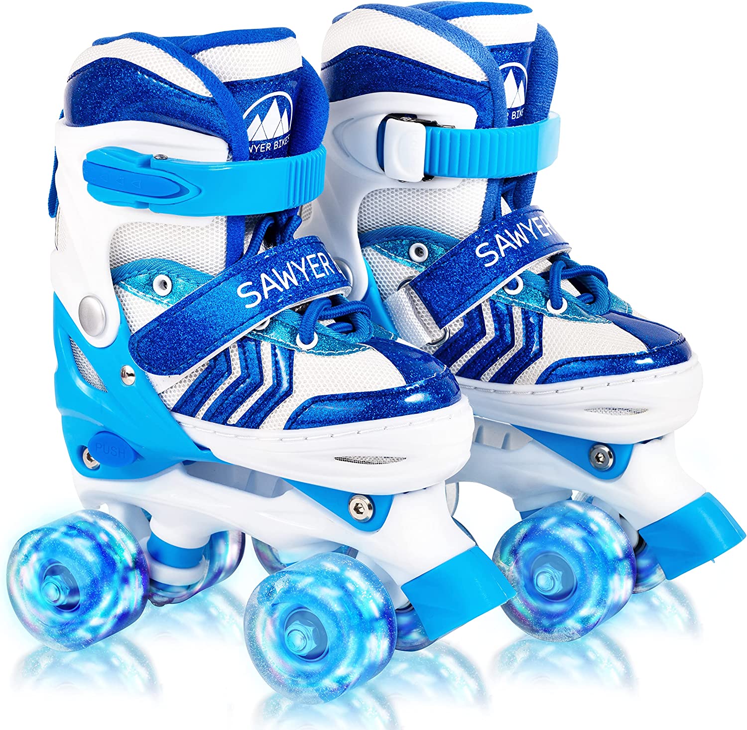 Par de patins azuis e brancos com rodas luminosas