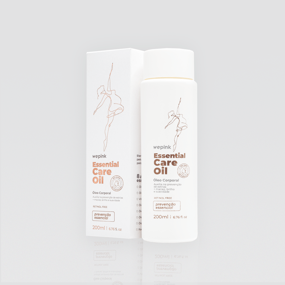 Frasco e caixa do óleo corporal Essential Care Oil da marca Wepink com desenho de bailarina e texto em castanho e bege