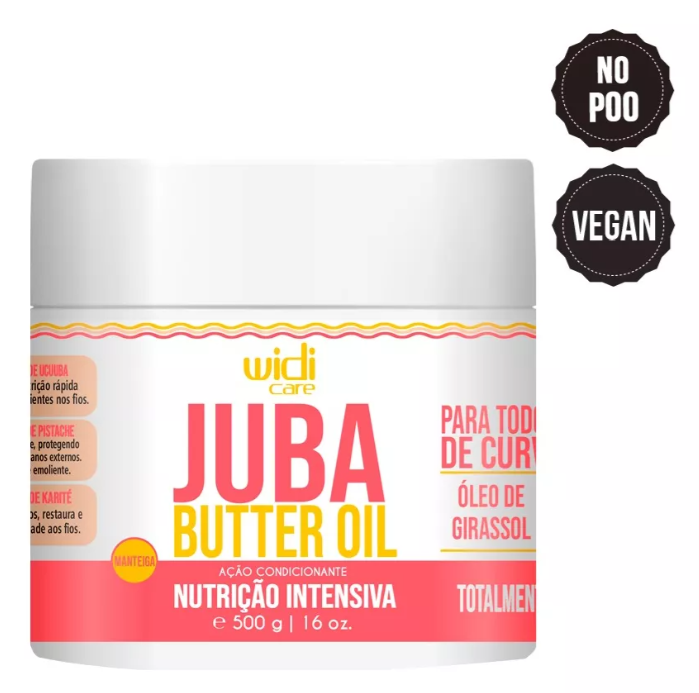 Frasco branco de Juba Butter Oil com texto NO POO e VEGAN