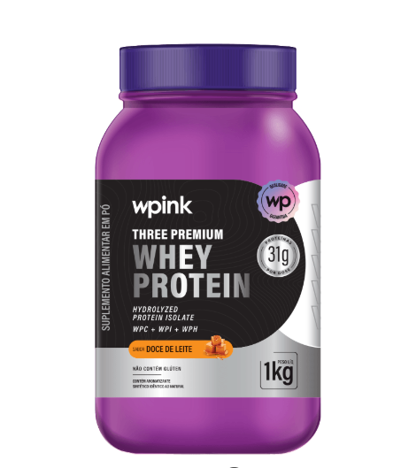 Pote roxo de suplemento whey protein sabor Doce de Leite