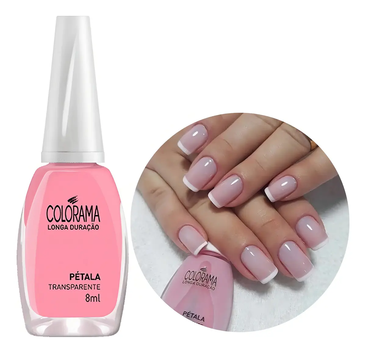 Verniz de unhas Colorama Pétala transparente com unhas manicadas com acabamento francês.