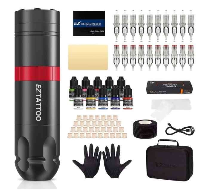 Kit de tatuagem EZTATTOO com máquina, agulhas, tintas, luvas, fita e estojo