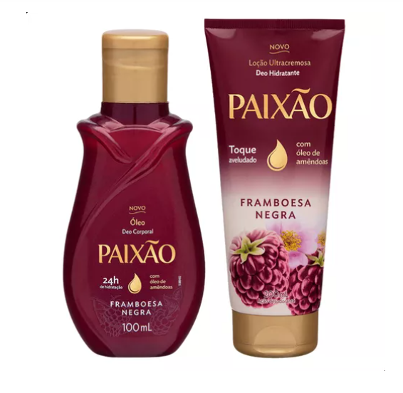Produtos PAIXÃO óleo corporal e loção hidratante framboesa negra