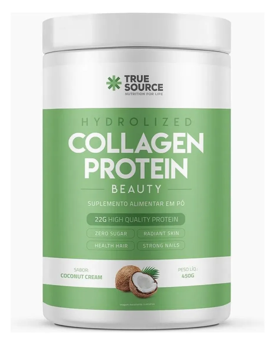 Embalagem branca de suplemento em pó Collagen Protein sabor coconut cream com rótulo verde