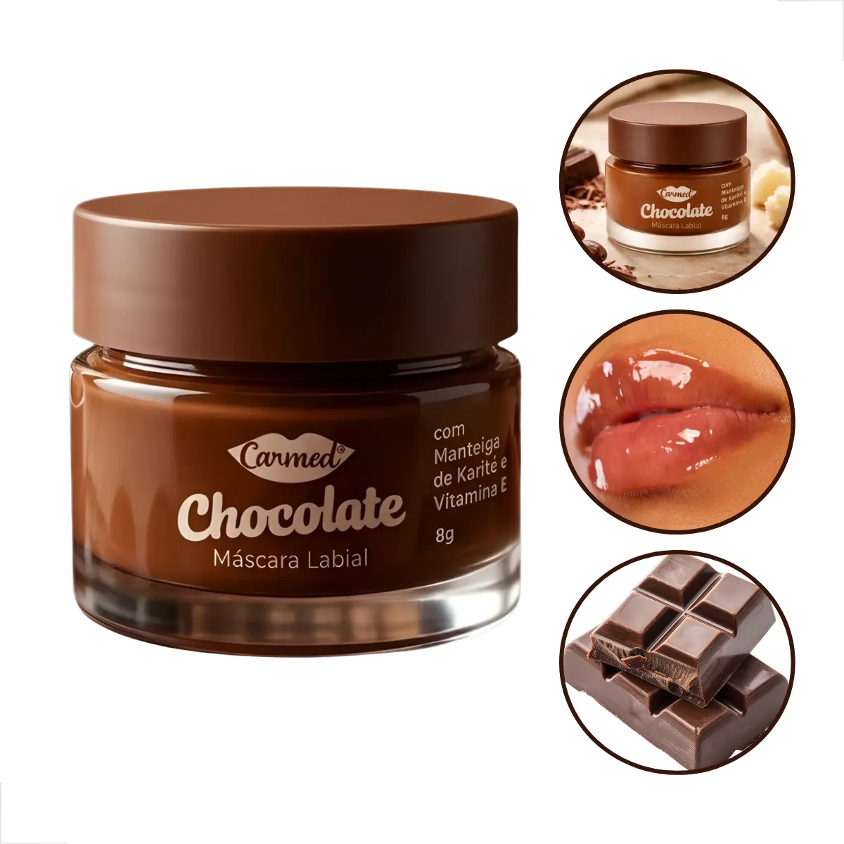 Frasco de máscara labial Carmed Chocolate com detalhes em marrom e imagens associadas de lábios e chocolate