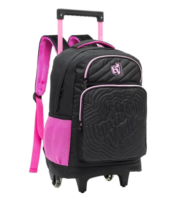 Mochila trolley preta e rosa com rodas e bolsos