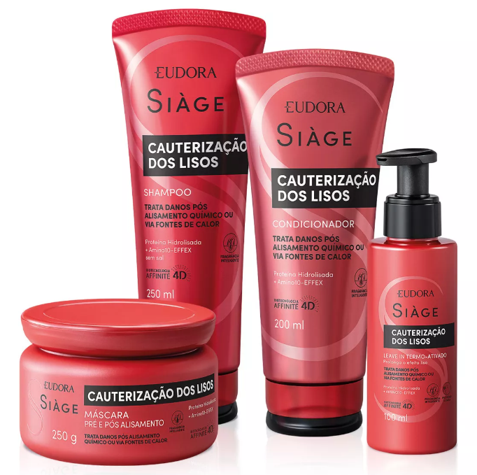 Produtos cuidados cabelo Eudora Siàge Cauterização dos Lisos em embalagens vermelhas.