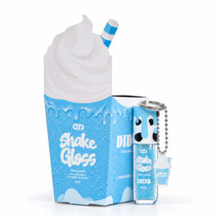 Embalagem e chaveiro Shake Gloss azul e branco em formato de batido com chantilly