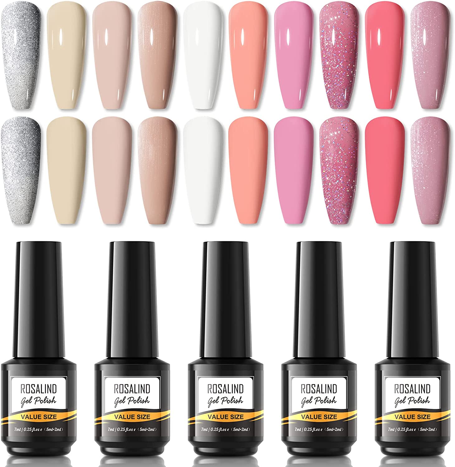 Vernizes Rosalind com amostras de unhas em tons neutros, rosa e glitter