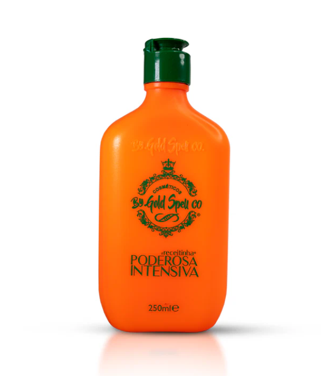 Frasco laranja com tampa verde e texto em verde e laranja