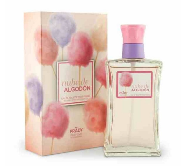 Frasco e embalagem de perfume Nube de Algodón com padrão algodão doce colorido.